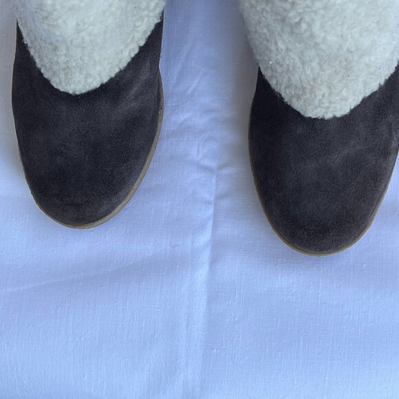 MICHAEL KORS booties Suede Fur Shearling cuff Wedge Bootie Gold MK Zipper 5 1/2 - Picture 6 of 12